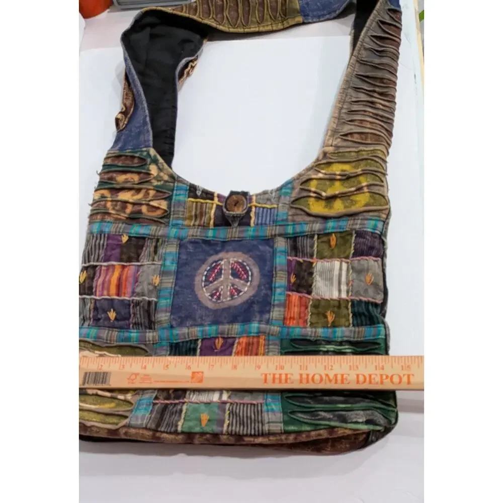 Rising International Sling Hobo Bag Boho Hippie Patchwork Peace Sign Razor Cut